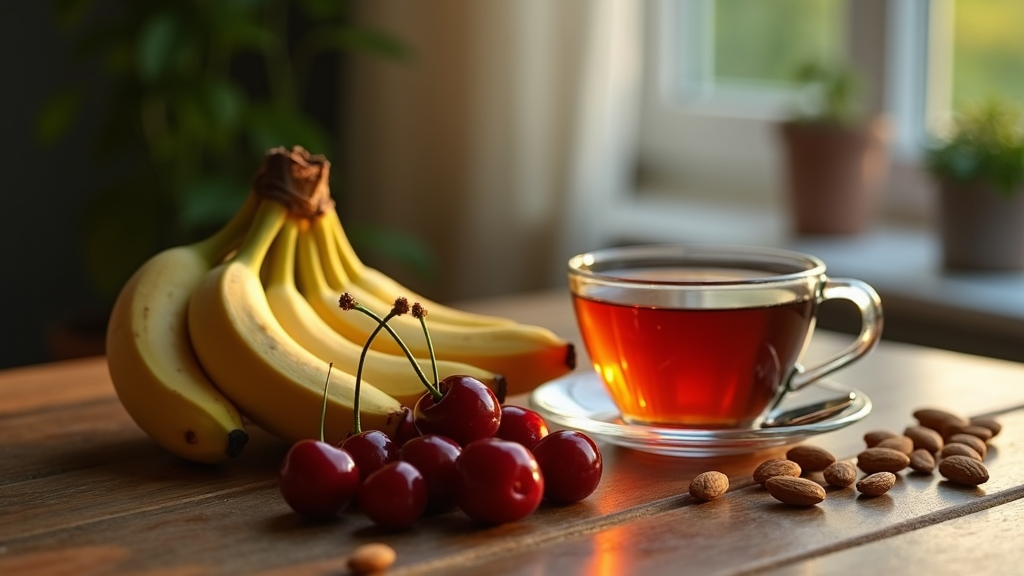 A calming night kitchen setup with healthy foods known for supporting sleep, such as bananas, cherries, almonds, and herbal tea resting on a serene, softly lit wooden table.