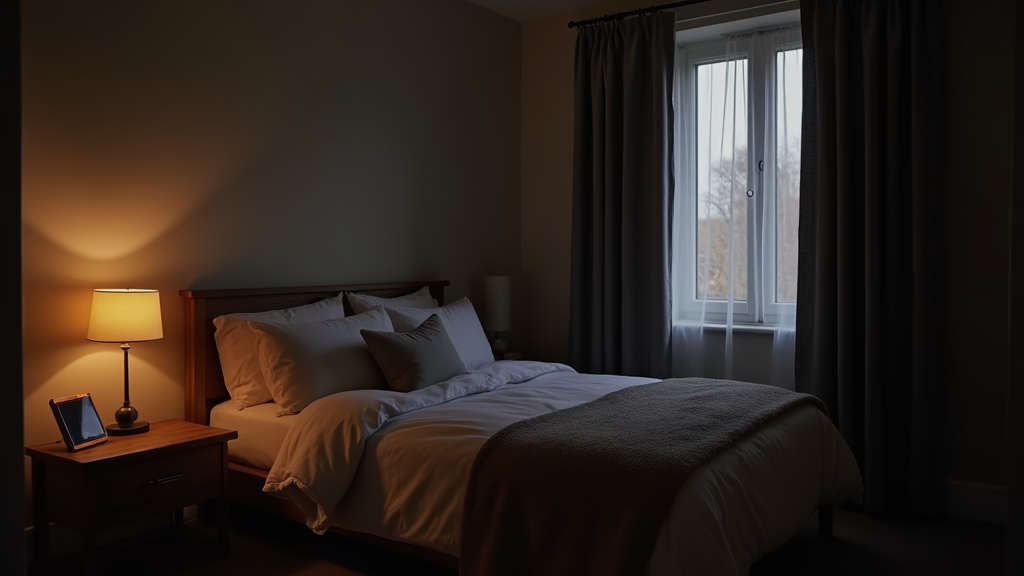 A peaceful bedroom at night with soft lighting and a neatly made bed.