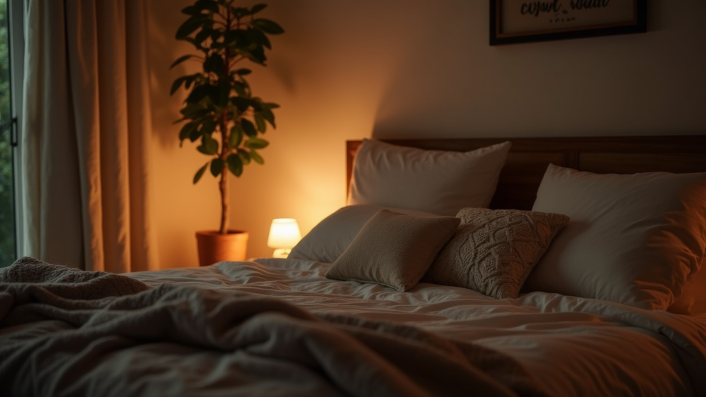 A peaceful bedroom with cozy lighting, relaxing plants, and soothing textures designed to promote sleep.