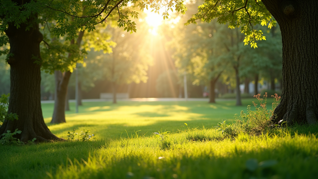 A serene nature park with flourishing green trees, gentle sunlight, and a walking path symbolizing wellness and a holistic lifestyle.
