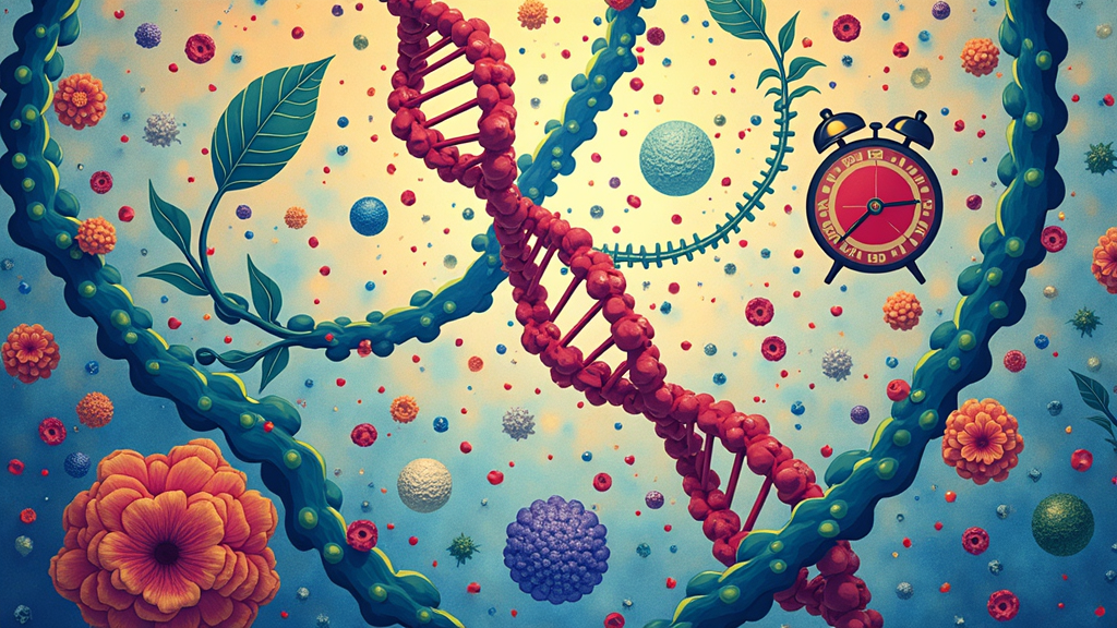 Illustration of healthy DNA strands with vibrant cells and subtle clocks in background