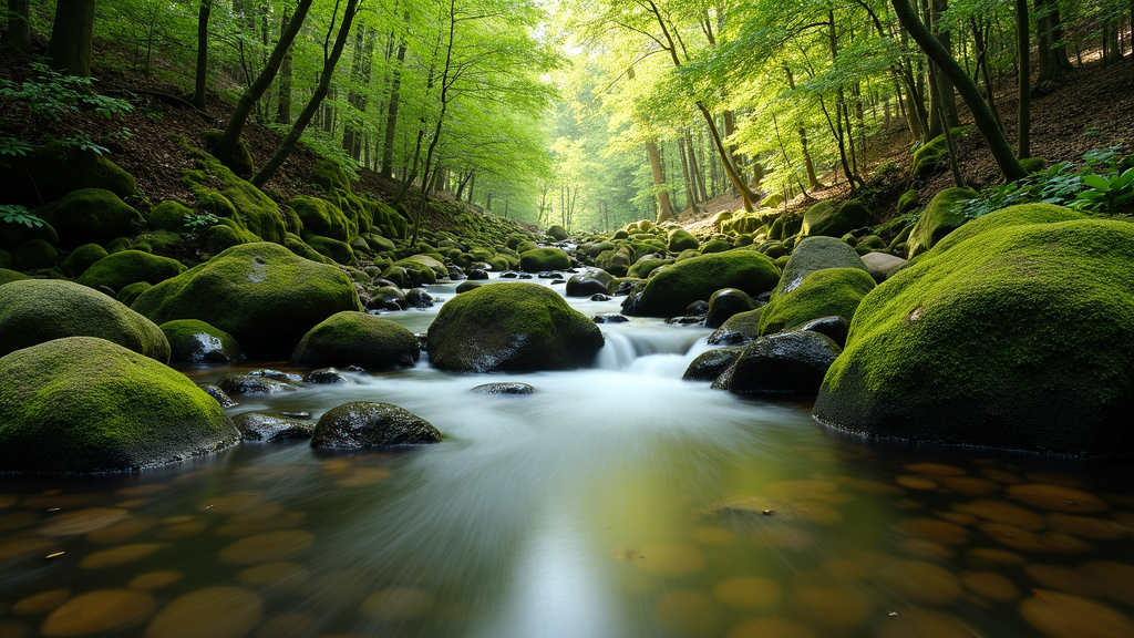A peaceful, natural setting with flowing water and smooth stones, evoking relaxation and calmness.