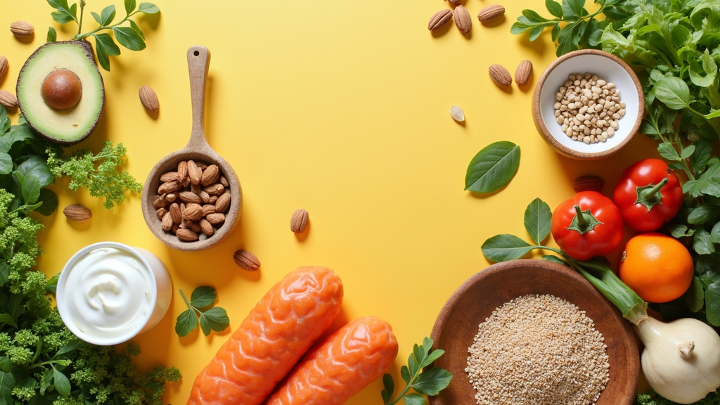 Assorted fresh vegetables, dairy, fish, and whole grains on a light background